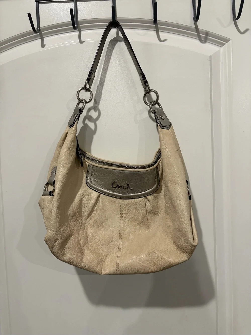 Coach Ashley Cream Leather Hobo with Metallic Trim and Dark Handles